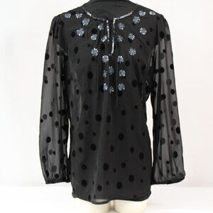 Charter Club Whimsigoth Sheer‎ Black Velvet Burnout Polka Dots & Beading Size L